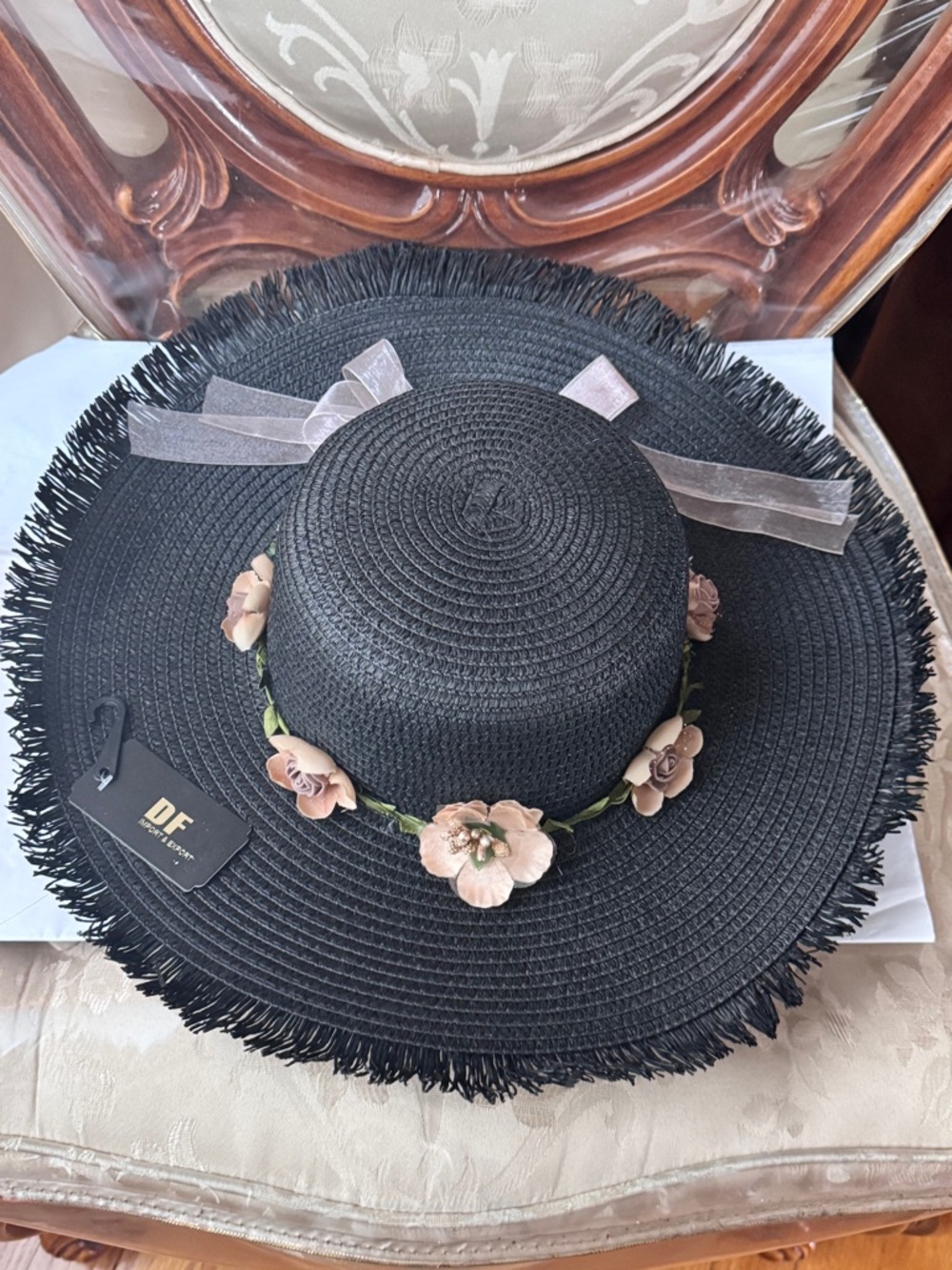 Final Sale! New Flower Trim Wide Brim Straw Sun Hat - Black with Blush Flowers